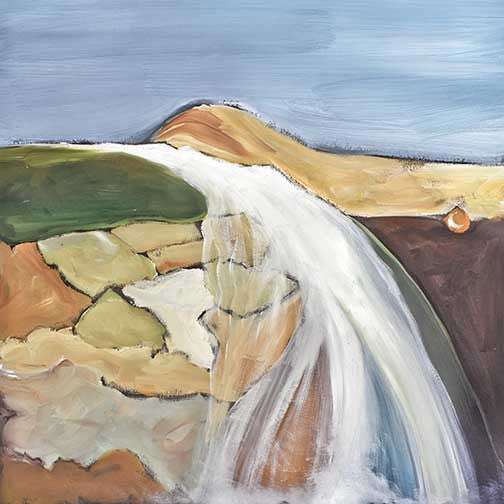 Abstract nature painting featuring bold ochre, green, and white strokes forming a modern waterfall.