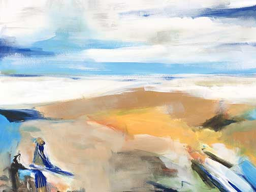 Modern abstract landscape painting featuring bold ochre, green, and white strokes forming a waterfall.