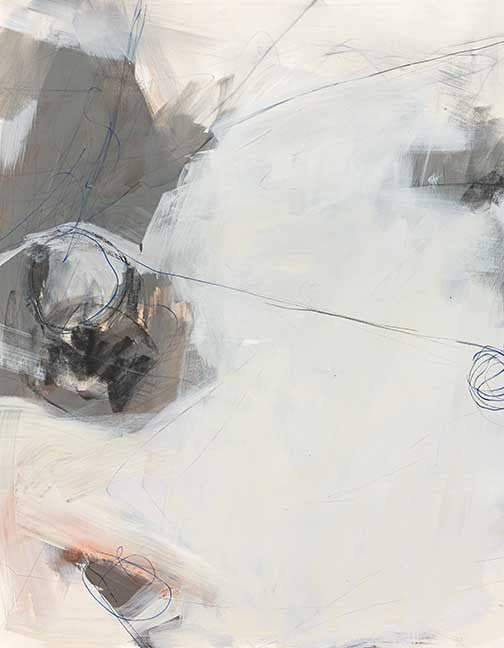 Modern linework abstract featuring gray and peach smears with bold electric blue lines.