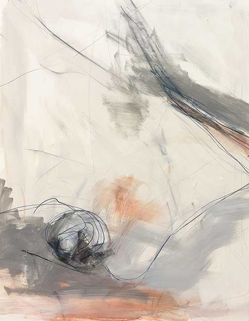 Abstract tension artwork with gray and peach smears and electric blue linework.