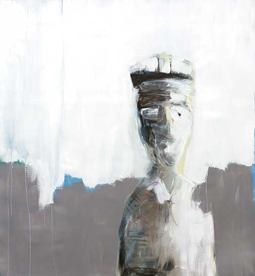 Moody figurative abstract with a half-formed figure in gray, brown, and white tones.