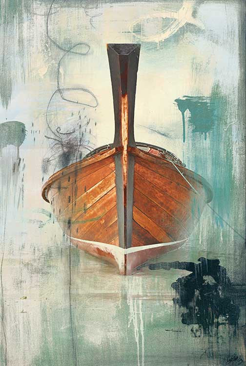 Abstract boat painting featuring a wooden boat in mint, teal, and cream tones with layered textures.