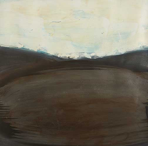 Minimal moody landscape with dark terrain beneath a pale, cloud-washed sky.