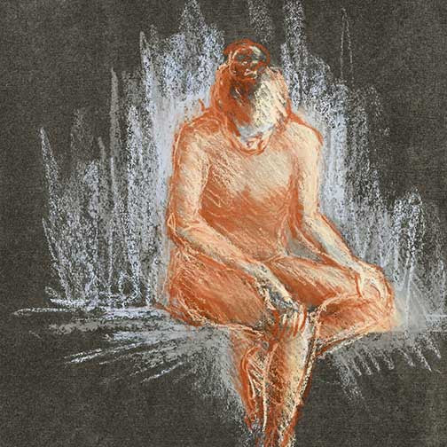 Sienna figure in charcoal with bowed head, glowing warm tones, and expressive abstract linework.