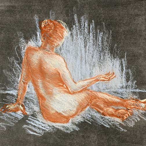 Reclining figure in chalk with a glowing hand and flickering lines suggesting thought and release.