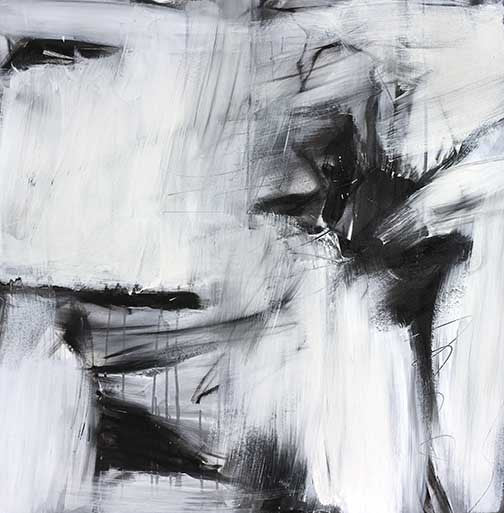 Black and white abstract artwork with sweeping black marks and fading white veils, creating tension and expressive contrast.