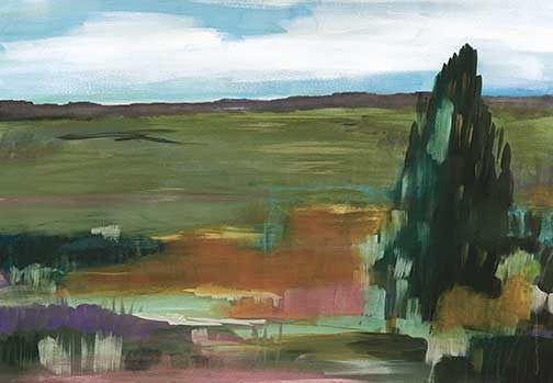 Lone tree abstract landscape with green, rust, and violet blending into a soft, dissolving field beneath a pale sky.