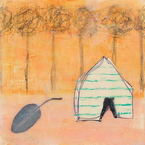 Surreal childlike orange dreamscape with scribbled trees, a striped shelter, and a fallen leaf set in soft textures and warm tones.