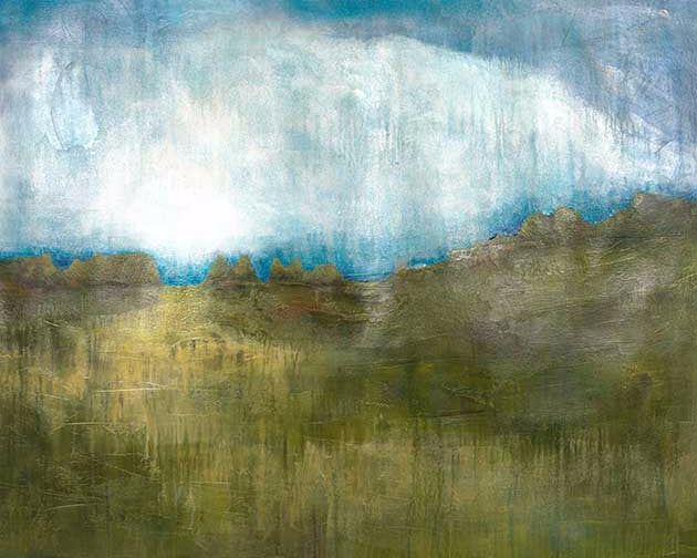 Glowing horizon abstract landscape with softened greens and weathered textures, evoking light emerging from the land like a resurfacing memory.