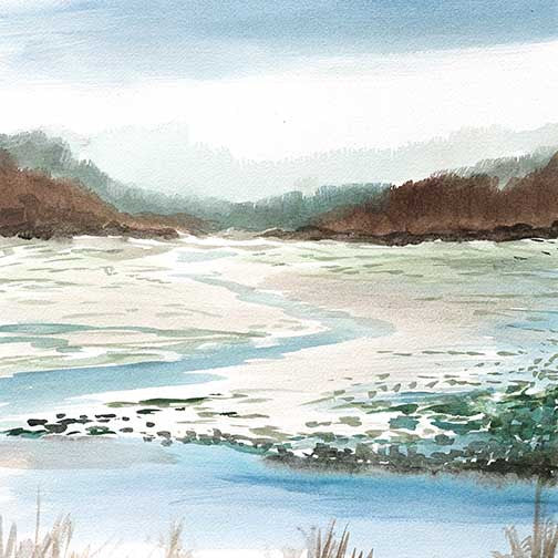 Soft blue and green abstract river landscape with winding water and misty hills, rendered in delicate, serene washes.