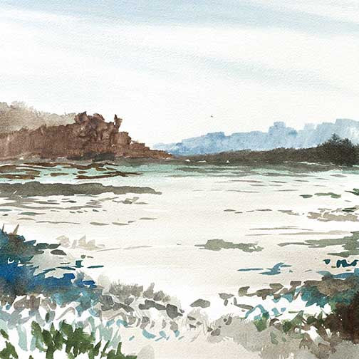 Misty blue and green abstract river scene with soft washes tracing a winding river through gentle hills.