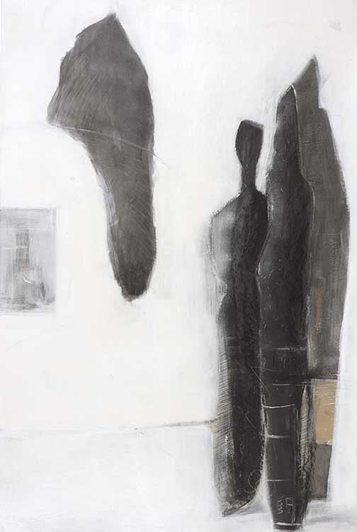 Monochrome abstract silhouettes drifting in a pale space, with tall forms suggesting presence, memory, and silent conversation.