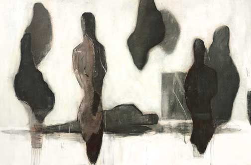 Abstract monochrome silhouettes drifting in a pale, undefined space, with tall forms suggesting presence, memory, and silent conversation.