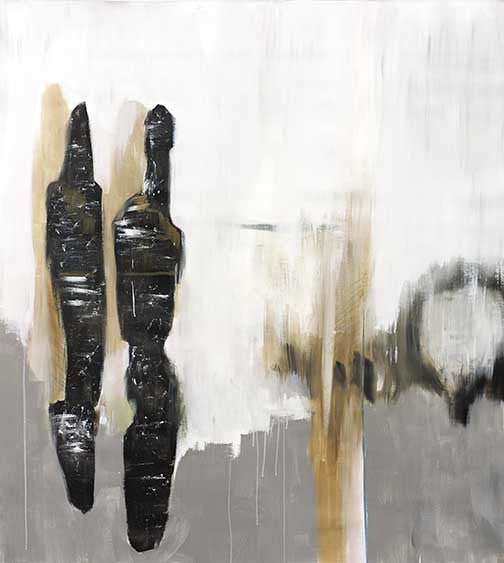 Two dark textured forms standing side by side against soft white, gray, and ochre smears, evoking tension between presence and absence.