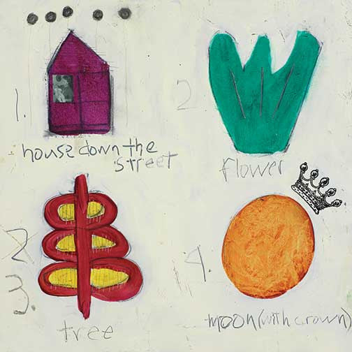 Playful symbolic sketch of a house, flower, tree, and crowned moon drawn with childlike lines and handwritten labels.
