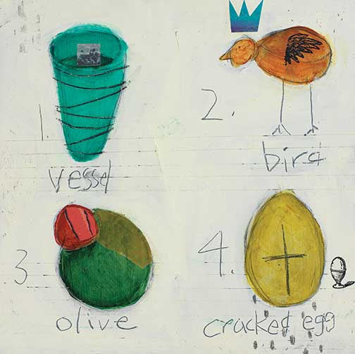 Playful iconographic abstract with a turquoise vessel, crowned bird, red-tipped olive, and golden cracked egg floating as simple symbolic forms.