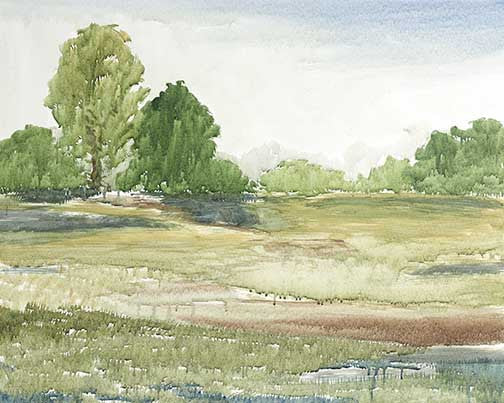 Sunlit green and gold abstract landscape with gentle washes, distant trees, and soft open light.