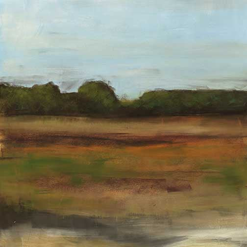 Abstract earthy horizon with soft layers of sienna, olive, and burnt orange beneath a hazy sky and distant tree line.