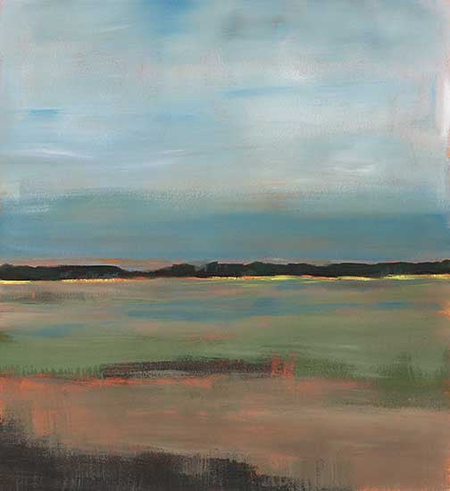 Expansive abstract horizon with earthy greens, rusts, and soft blues beneath a vast, moody sky.