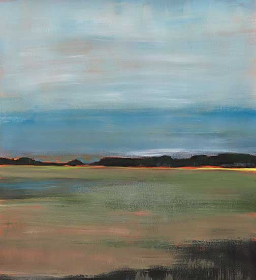 Expansive atmospheric landscape with bands of olive green and ochre beneath a sweeping blue sky and distant hills.