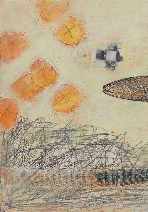 Surreal fish dreamscape with a lone detailed fish, orange orbs marked with Xs, and layered scribbles and ghostly textures.