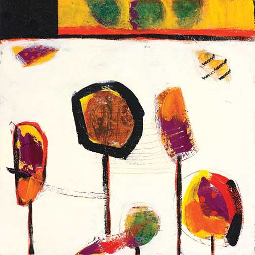 Bold abstract tree artwork with five slender tree shapes and three yellow bushy forms on a white background, playful and full of rhythmic energy.