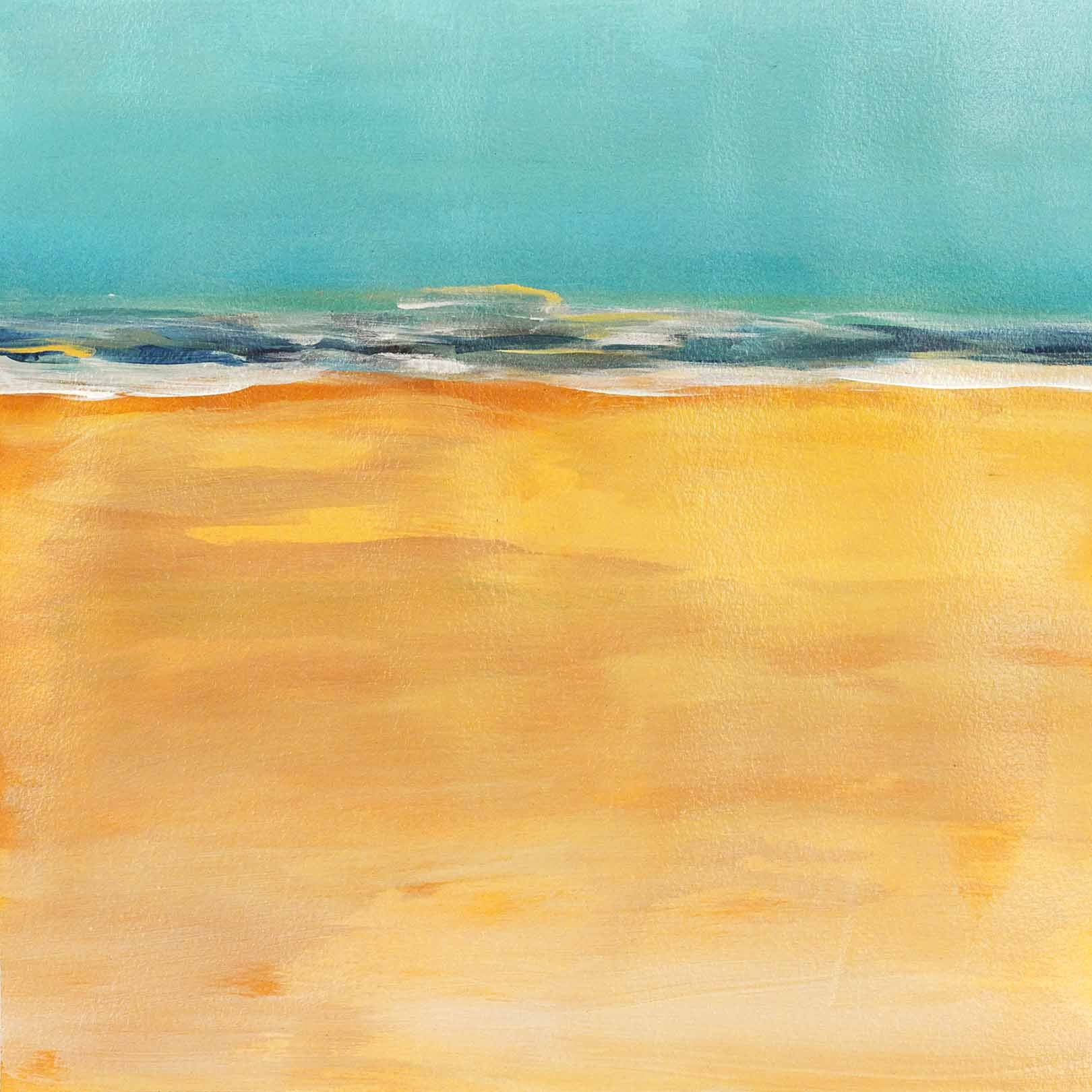 Minimalist seascape art with golden sand, gentle surf, and a turquoise sky creating a calm, sunlit coastal scene.