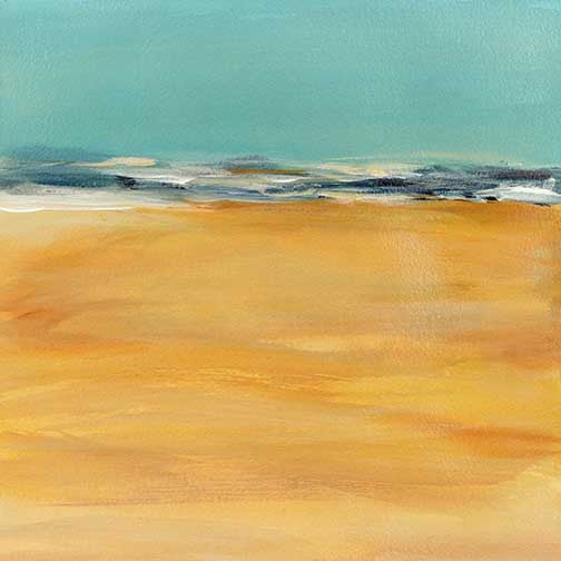 Minimalist seascape art featuring golden sand, gentle surf, and a turquoise sky with a warm, serene horizon.