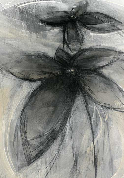 Moody floral abstract art with charcoal blossoms and smoke-like petals against a soft, muted background.