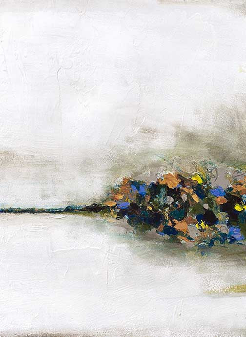 Horizontal abstract art with rich blue, ochre, and green colors softly spreading from a thin horizontal line into a pale textured background.