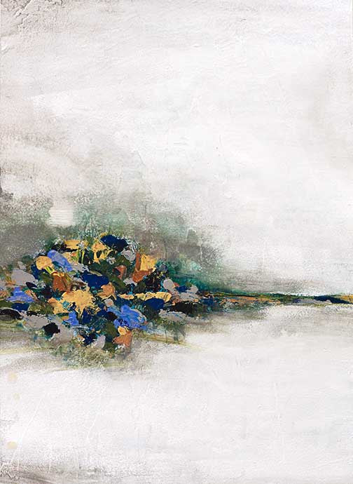 Abstract landscape art with a dense cluster of blue, ochre, and green colors emerging from a horizon line into a calm atmospheric background.
