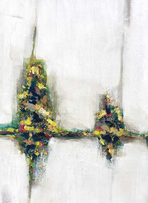 Abstract symmetry art with two mirrored towers of vibrant color rising from a shared horizon into soft white space.