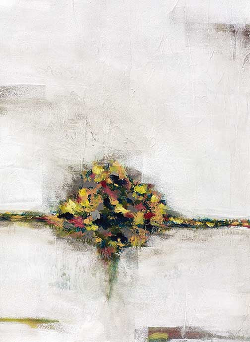 Abstract color field art with a radiant yellow, red, and green bloom emerging from a single horizon line into an airy minimalist background.