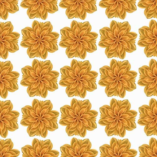 Mandala floral art with repeating golden-orange blooms arranged in a symmetrical grid on a white background.