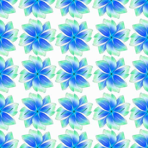 Blue mandala floral art with electric blue and mint green petals arranged in symmetrical, swirling floral patterns.