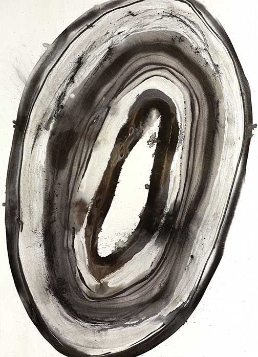 Abstract organic art with a swirling oval form created from layered black, gray, and sepia washes, evoking motion and memory.