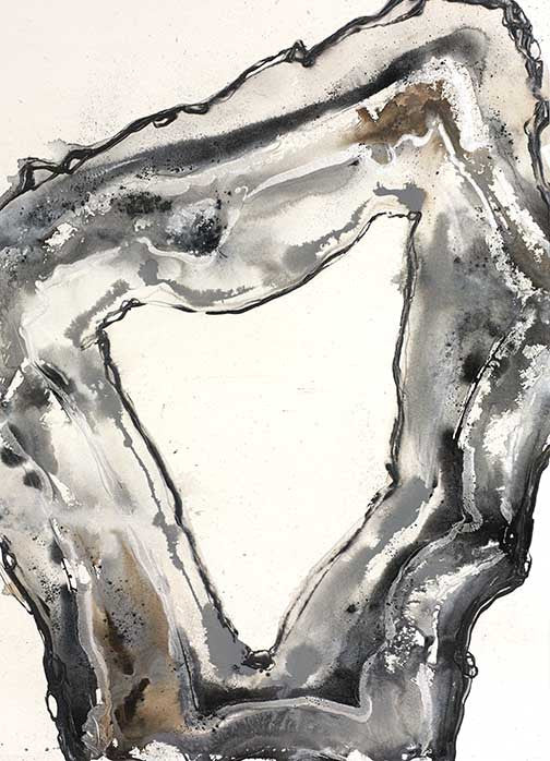 Abstract gestural art with a fractured triangular form created from layered black, gray, and brown washes, evoking geological movement and energy.