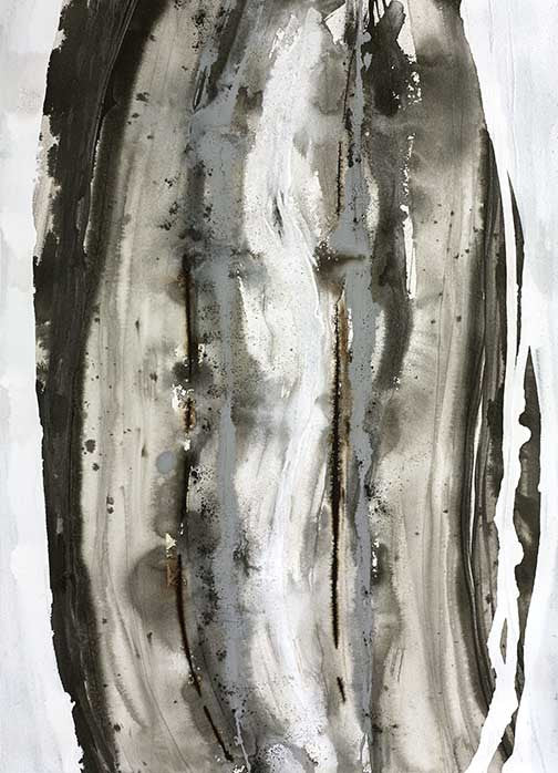Abstract organic art with a vertical cocoon-like form created from layered black, gray, and earthy brown washes, evoking sediment and stillness.