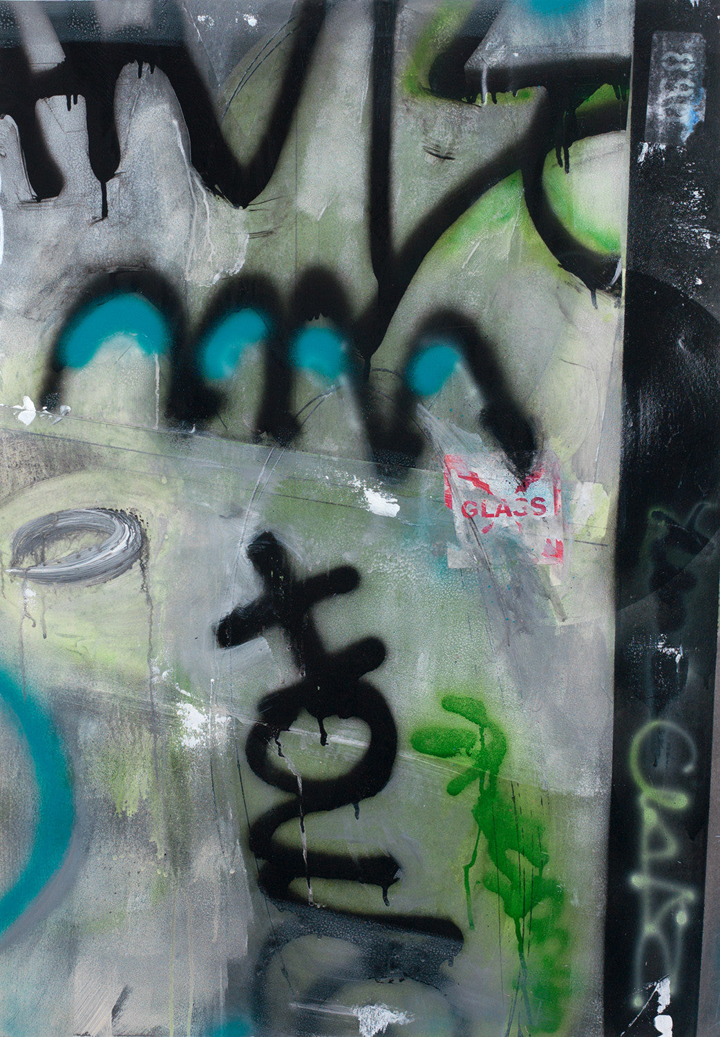 Urban abstract graffiti art with layered tags, spray paint textures, and teal, green, and red pops over a dark palette