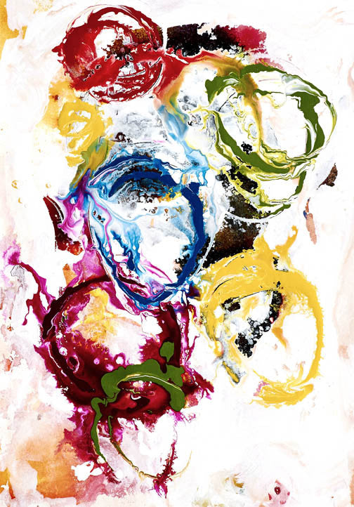 abstract artwork with vivid red, blue, yellow, and green rings on white background