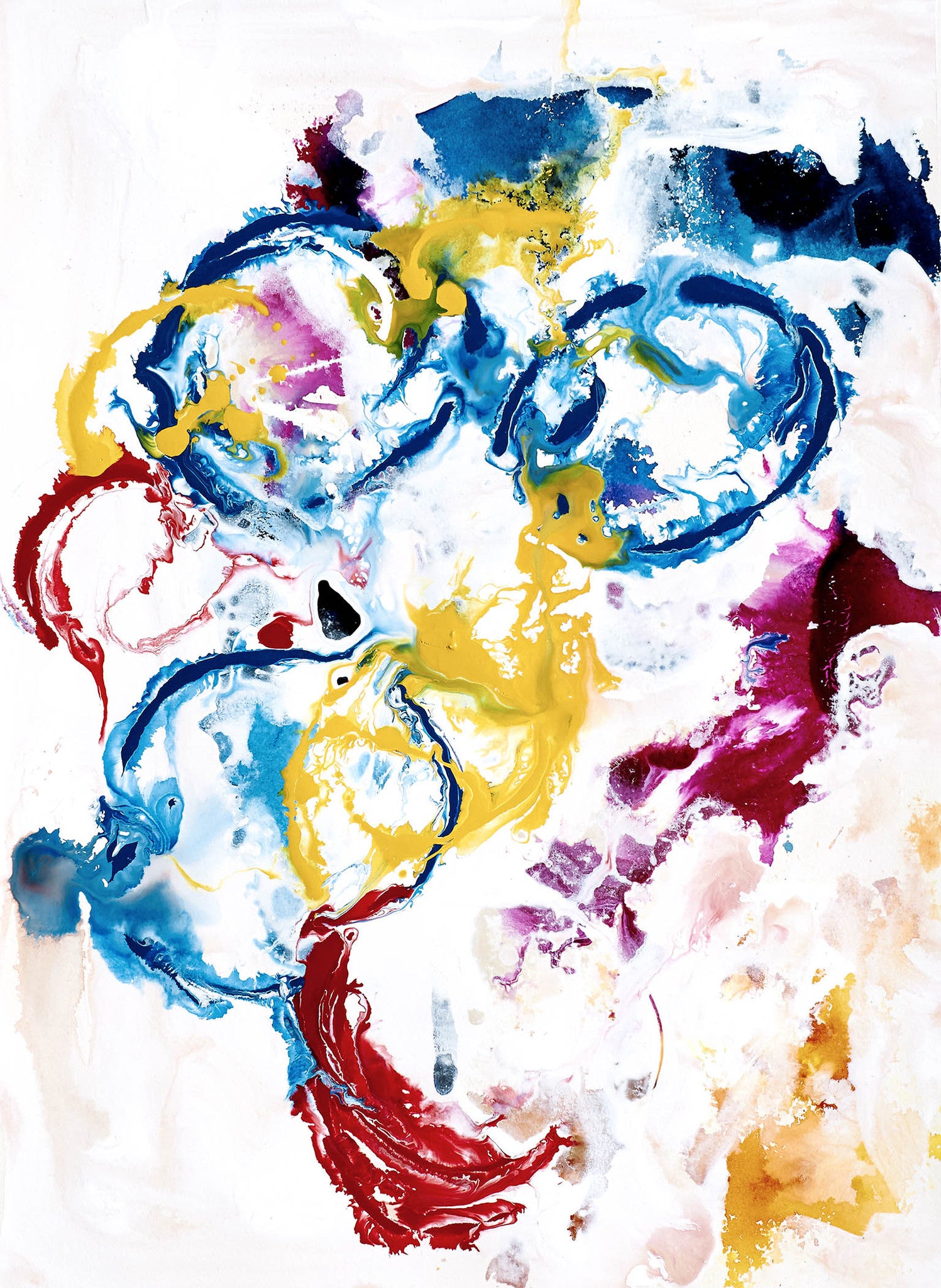 abstract artwork with arcs of yellow, blue, and red on a white and pink background