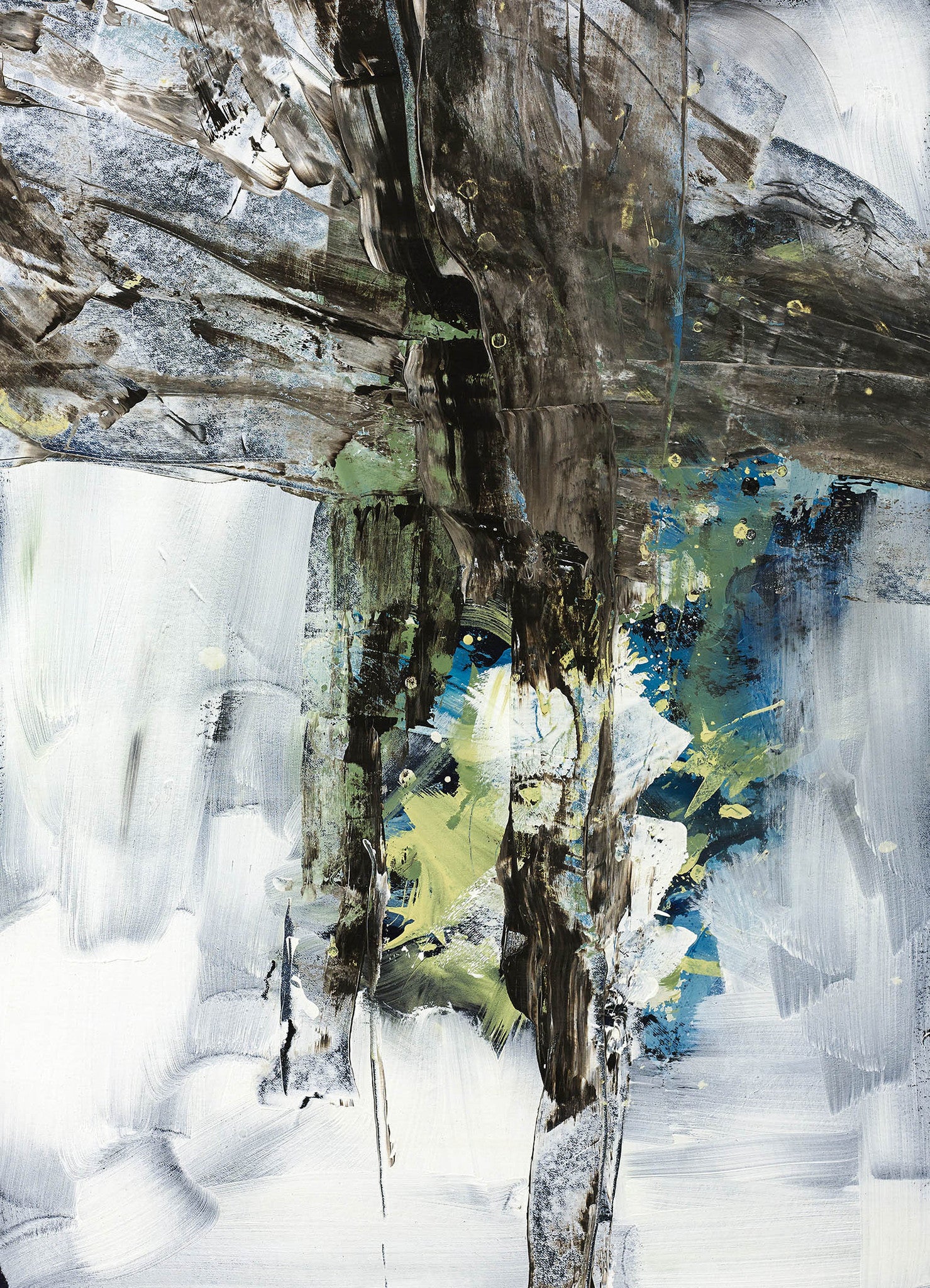 Bold abstract textured painting with sweeping strokes of brown, white, teal, and lime in dynamic layered motion