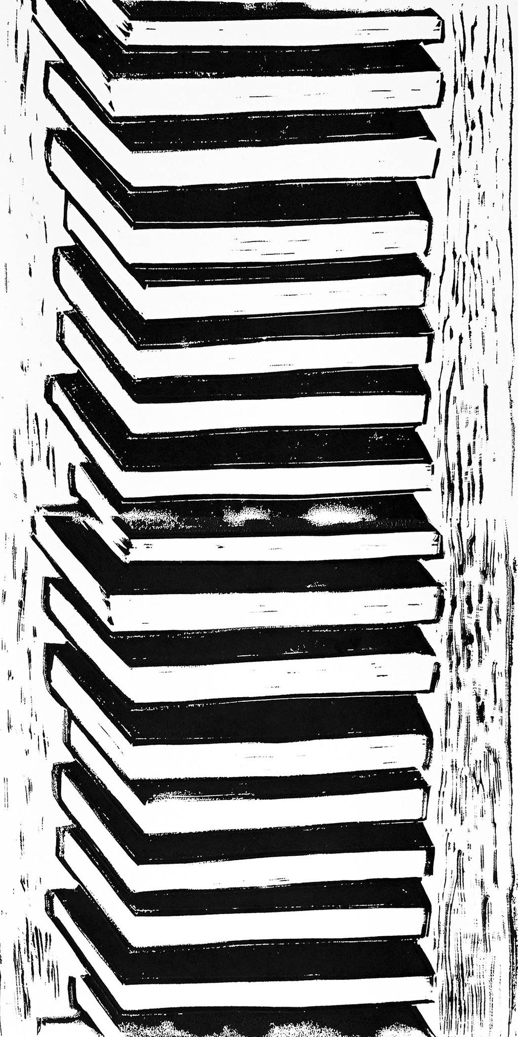 Black and white woodcut print with bold book silhouettes and minimalist rhythm