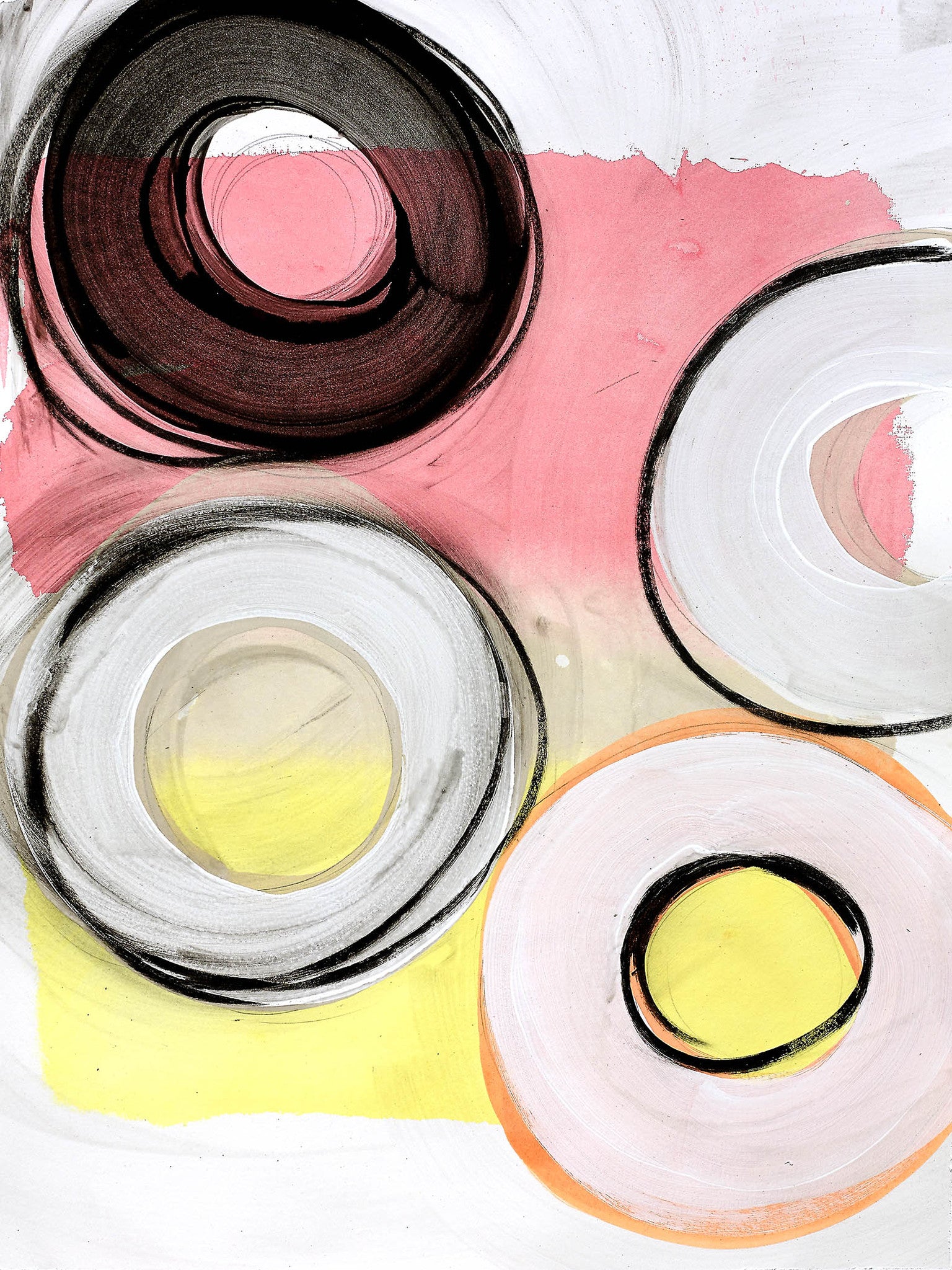 Playful rings abstract artwork with bold black, white, and pastel tones overlapping on pink and yellow washes, light and graphic with retro flair