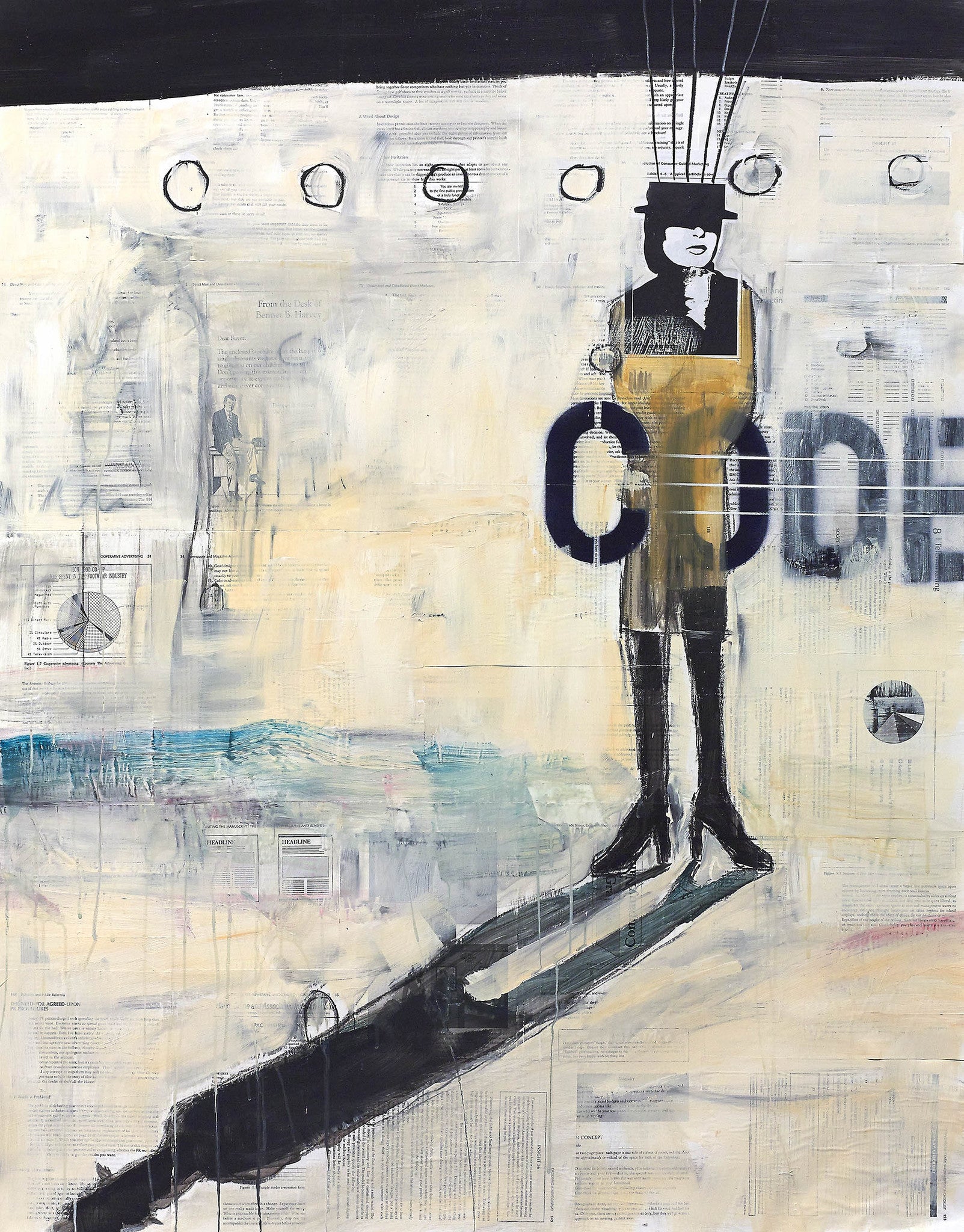Mixed media artwork featuring a solitary figure in a bowler hat over muted tones, layered text, wire-like lines, and fragmented lettering.