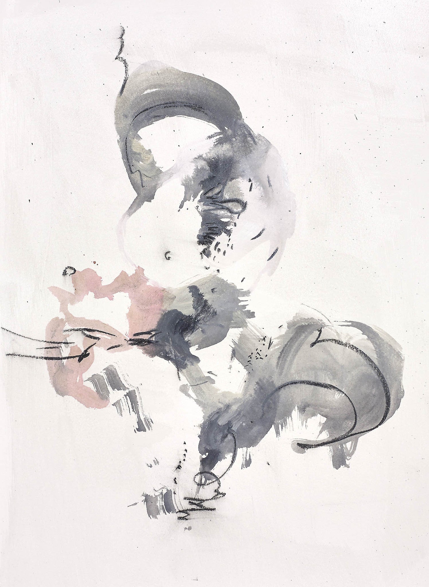 Light gestural abstract painting with soft washes of blush, grey, and charcoal, featuring delicate marks and fluid strokes for airy, quiet emotion.