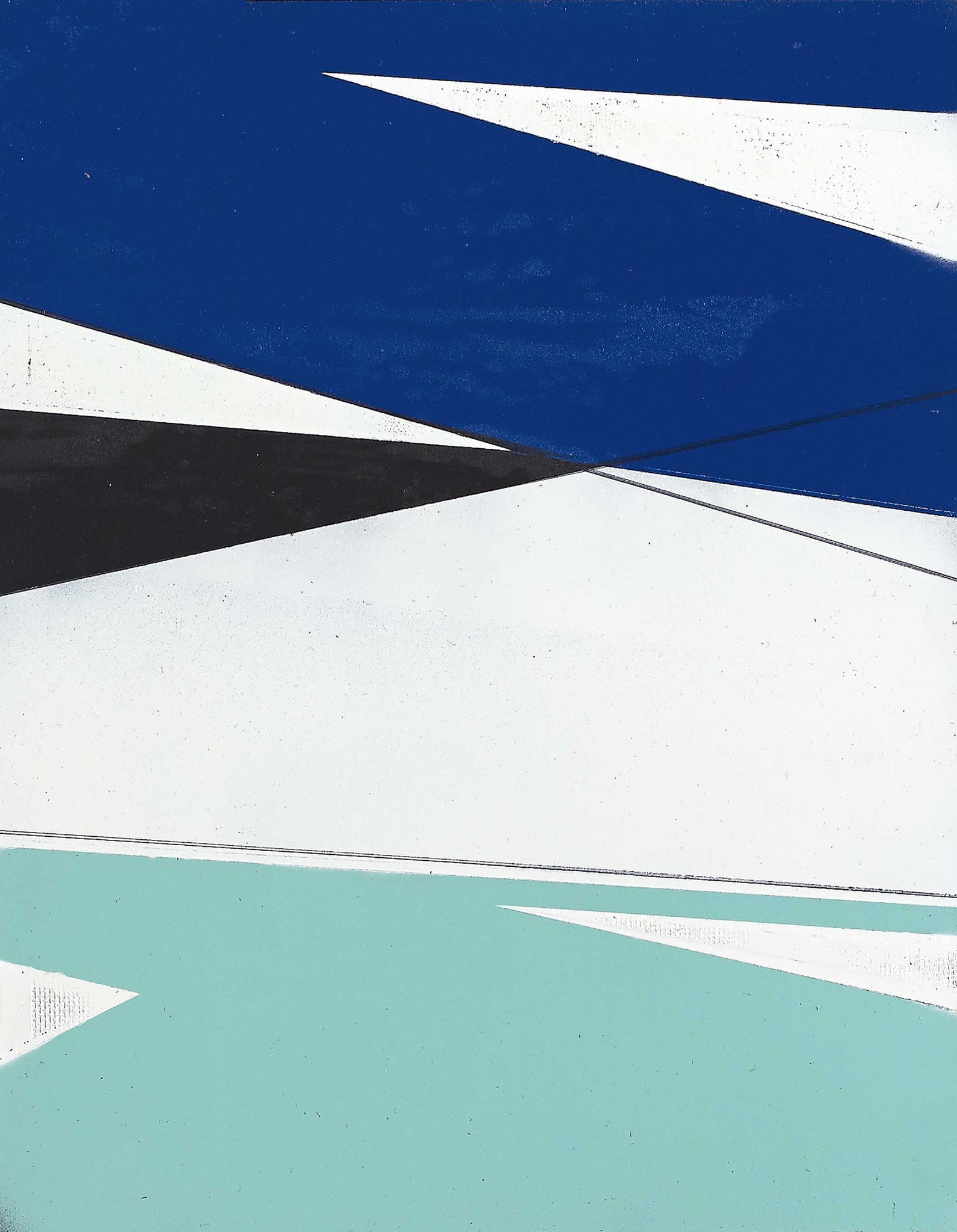 Geometric abstract painting with sharp angles and bold color blocks in navy, black, white, and aqua, creating a sleek, modern rhythm.