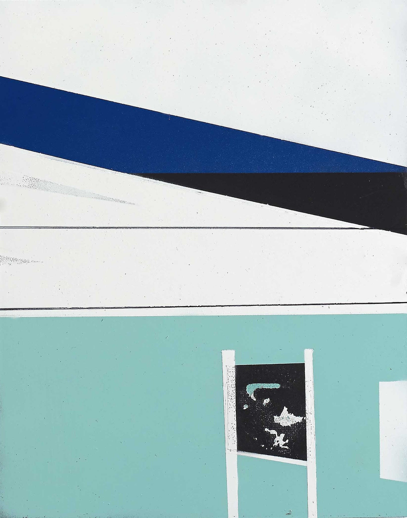 Angular geometric abstract painting with planes of navy, black, white, and aqua, featuring clean edges and bold architectural contrast.