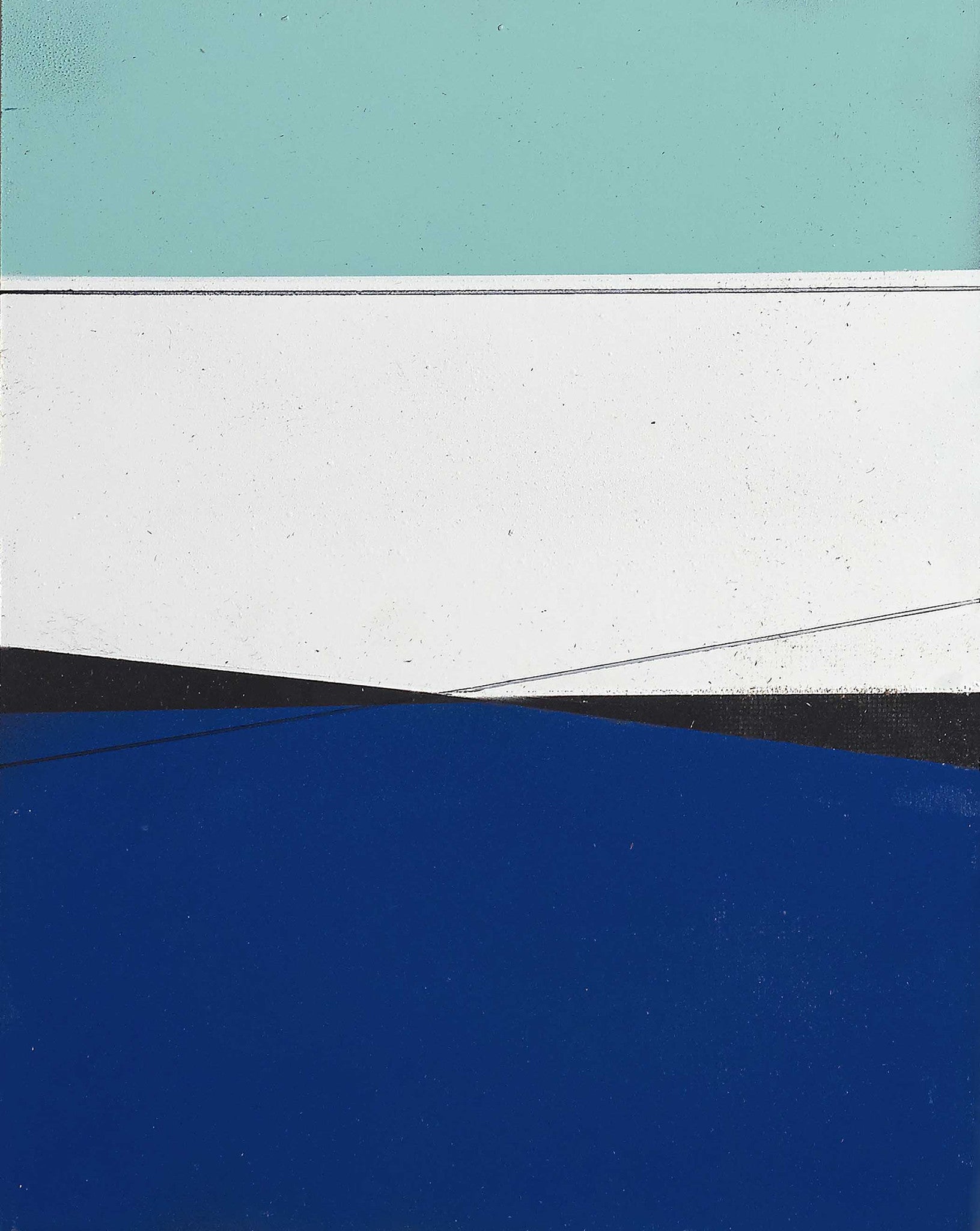 Minimalist color block abstract painting with intersecting bands of aqua, white, black, and deep blue, crisp and modern with architectural clarity.
