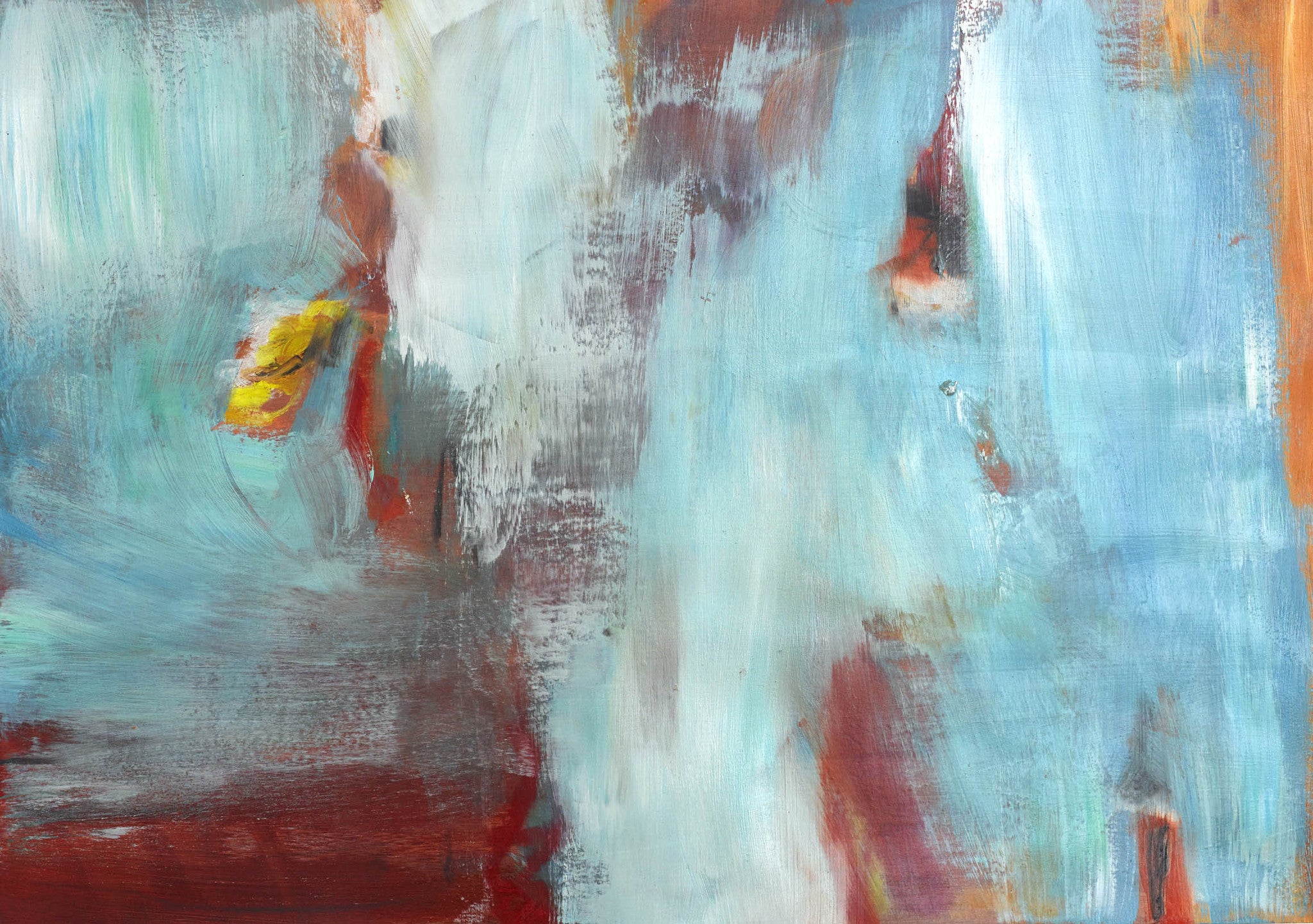 Textured abstract painting with sweeping layers of aqua, rust red, and orange, featuring blended strokes and energetic bursts of balance.